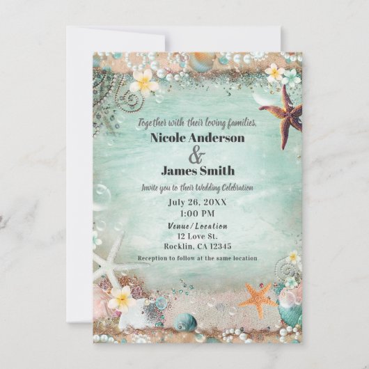 Elegantes Strandmeer Starfish & Perlen Hochzeit Einladung (Vorderseite)