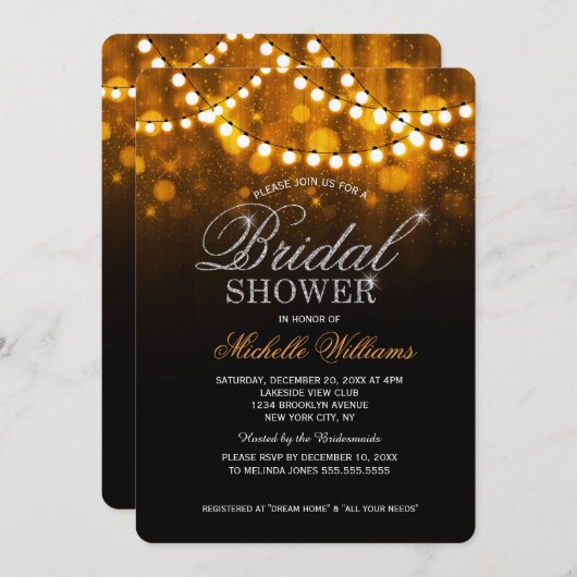 Elegantes Streichellicht goldfarbenes Brautparty Einladung (Vorne/Hinten)