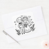 Elegantes Strichmännchen Braut und Groom Wedding Quadratischer Aufkleber (Umschlag)