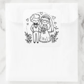 Elegantes Strichmännchen Braut und Groom Wedding Quadratischer Aufkleber (Tasche)