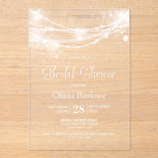 Elegantes String Lights-Brautparty Acryleinladungen (Vorderseite)