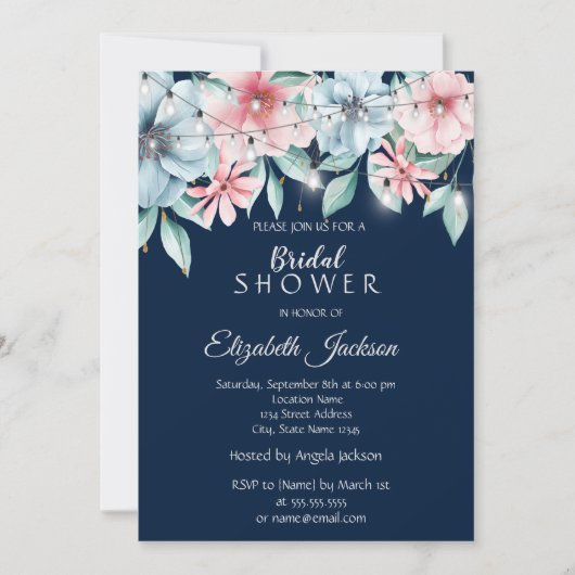 Elegantes String Lights Floral Brautparty Einladung (Vorderseite)