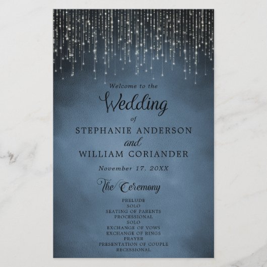 Elegantes String Lights Navy Blue Wedding Program (Vorderseite)
