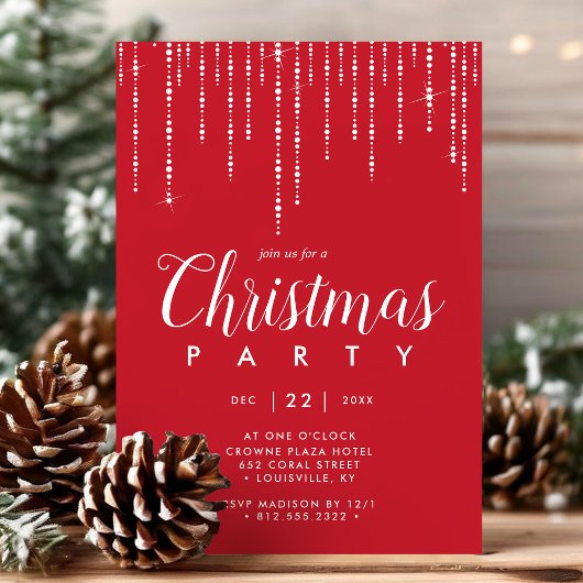 Elegantes String Lights Red Christmas Party Einladung