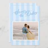 Elegantes Striped Pastel Blue Script Save the Date (Vorne/Hinten)