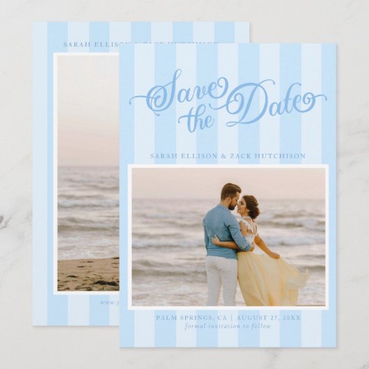 Elegantes Striped Pastel Blue Script Save the Date (Vorne/Hinten)