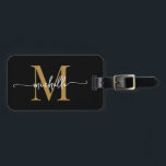 Elegantes stylish Black Gold Monogram, Initialskri Gepäckanhänger<br><div class="desc">Girly Stylish Moderne elegante Schwarz und Gold Monogram Initial Name Script Custom Personalisierte Personalisiert Luggage Bag Tag. Dieses Design mit einem Vornamen in einer hübschen Hand Schwanz-Schriftart-Kalligraphie (oder Typografie) mit Monogramm-Initial, Adresse-Info in Gold und Weiß auf schwarz. Diese sind einfach zu anpassen. Stilvolles Frauengeschenk für Hochzeit, Brautparty, 16 Geburtstag, Abschluss...</div>