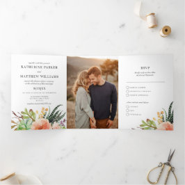 Elegantes Sukkulentes Rose All-in-One Hochzeitsfes Dreifach Gefaltete Einladung