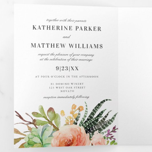 Elegantes Sukkulentes Rose All-in-One Hochzeitsfes Dreifach Gefaltete Einladung (Innen Erste Seite)