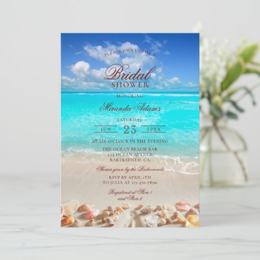 Elegantes Summer Tropical Beach Brautparty Einladung (Stehend Vorderseite)