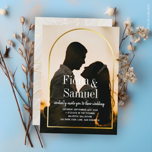 Elegantes Sunset Golden Custom Foto Hochzeit Einladung