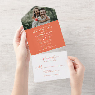Elegantes Sunset Orange Calligraphy Foto Wedding All In One Einladung