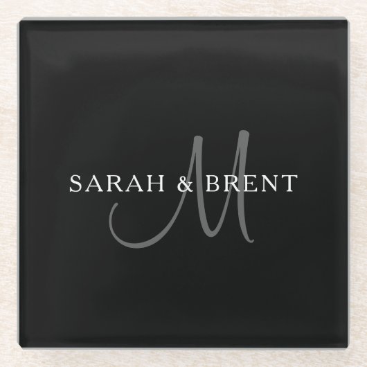 Elegantes Surname Monogram | Schwarz, Grau und Wei Glasuntersetzer (Vorderseite)