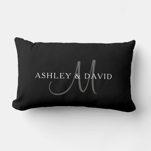 Elegantes Surname Monogram | Schwarz, Grau und Wei Lendenkissen (Vorderseite)