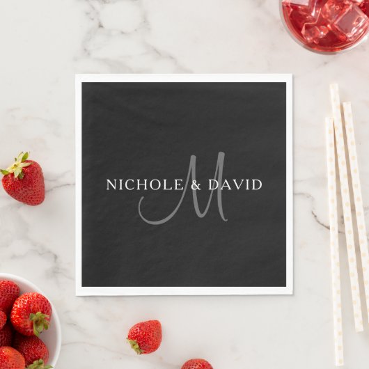 Elegantes Surname Monogram | Schwarz, Grau und Wei Serviette (Beispiel)