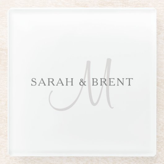 Elegantes Surname Monogram | Weiß & Grau Glasuntersetzer (Vorderseite)