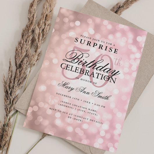 Elegantes SURPRISE 50. Geburtstag Rose Gold Lights Einladung