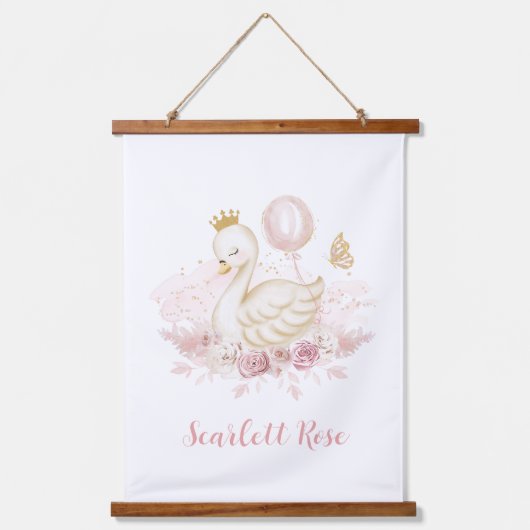 Elegantes Swan Princess Blush Gold Ballon Kinderzi Wandteppich Mit Holzrahmen (Vorderseite)