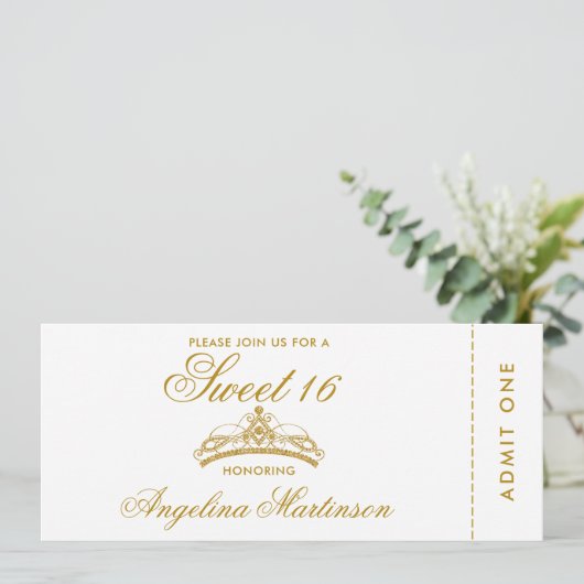 Elegantes Sweet 16 Gold und White Ticket Einladung (Stehend Vorderseite)