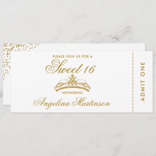 Elegantes Sweet 16 Gold und White Ticket Einladung (Vorne/Hinten)