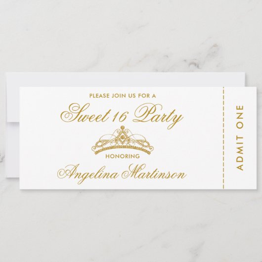 Elegantes Sweet 16 Party Gold und White Ticket Einladung (Vorderseite)