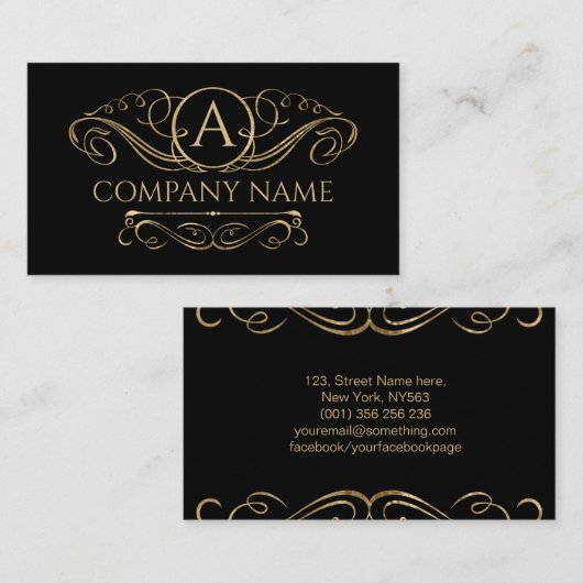 Elegantes Swirl Monogram Gold auf Schwarz Visitenkarte (Vorne/Hinten)