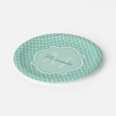 Elegantes tadelloses grünes Quatrefoil Monogramm Pappteller (Schrägansicht)