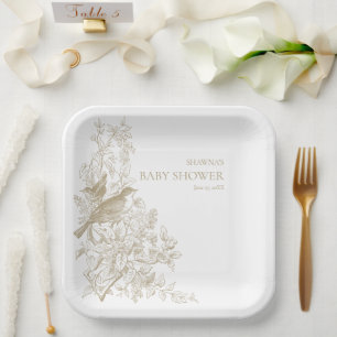Elegantes Tan-Chinoiserie-Naturvögel-Baby-Shower Pappteller