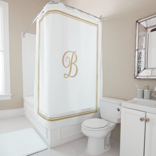 Elegantes Tan Double Border Script Monogram Duschvorhang (Beispiel)