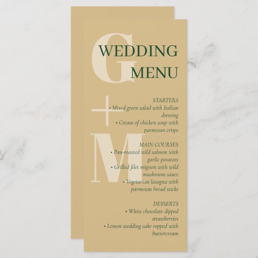 Elegantes Tan & Green Typografy Wedding Menu Menükarte (Vorne/Hinten)