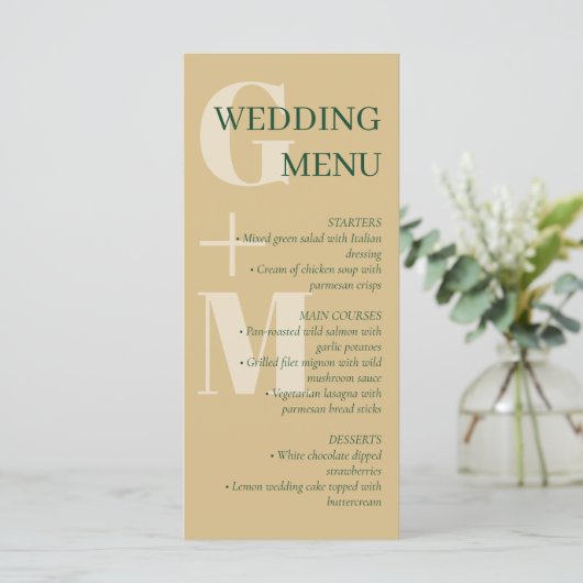 Elegantes Tan & Green Typografy Wedding Menu Menükarte (Stehend Vorderseite)