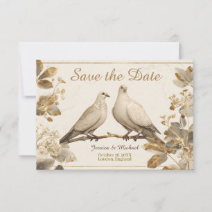 Elegantes Taubenpaar auf einem Zweig mit Blattgold Save The Date