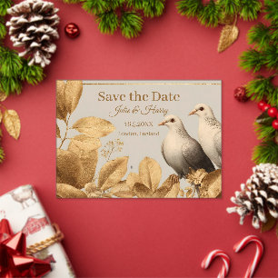 Elegantes Taubenpaar mit Goldblatt Save-the-Date Acryleinladungen