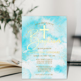 Elegantes Taufkreuz aus Aquablau-Aquarell und Gold Folieneinladung