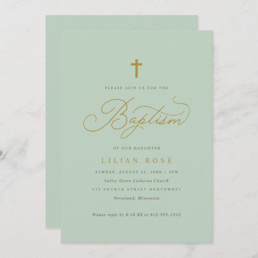 Elegantes Taufskriptkreuz Einladung (Vorne/Hinten)