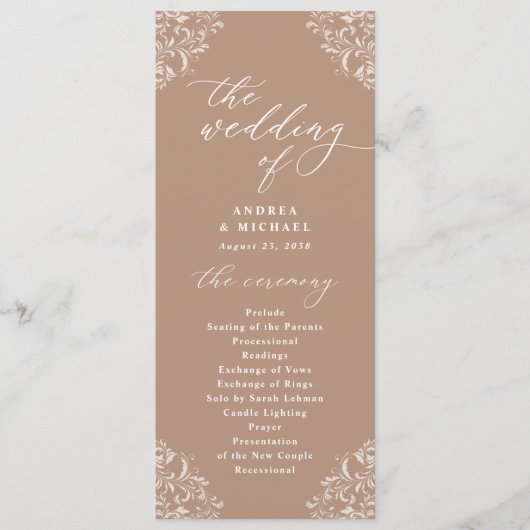 Elegantes Taupe Beige Vintage Hochzeitsprogramm Programm (Vorderseite)