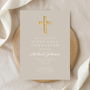 Elegantes Taupe religiöses Kreuz Junge Erste Kommu Einladung