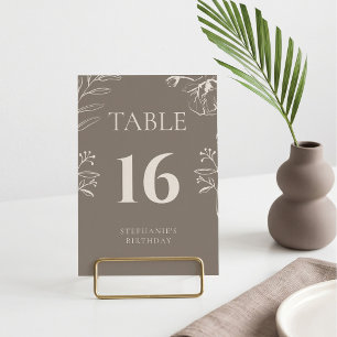 Elegantes Taupe- und Elfenbein-Blumen-Geburtstagsm Tischnummer