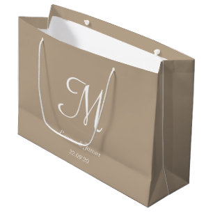 Elegantes Taupe- und Weiß-Monogramm-Namen-Hochzeit Große Geschenktüte