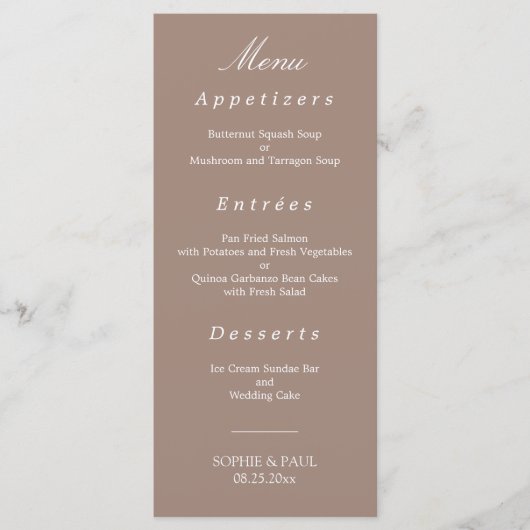 Elegantes Taupe Wedding Menu Menükarte (Vorderseite)