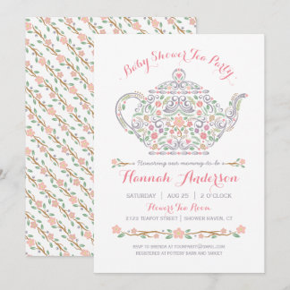 Elegantes Tea Party Girl Baby Dusche ・ Teekanne Einladung