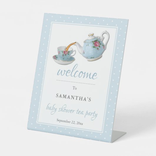 Elegantes Teacups Baby Dusche Tee Party Willkommen Sockelschild (Vorderseite)