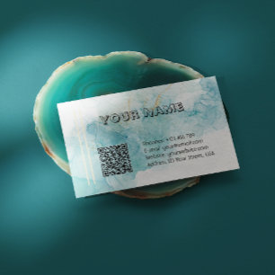 Elegantes Teal-Alkohol-Tinten-Marmor mit QR-Code Visitenkarte
