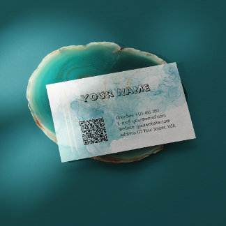 Elegantes Teal-Alkohol-Tinten-Marmor mit QR-Code Visitenkarte