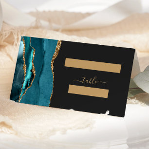 Elegantes Teal Blau Gold Achat Dunkle Hochzeit Platzkarte