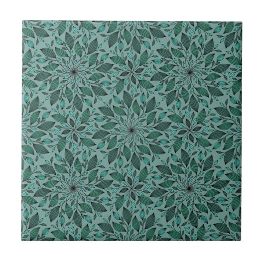 Elegantes Teal-Blumenmuster mit Blatt-Mandala Fliese (Vorderseite)