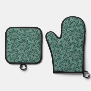 Elegantes Teal-Blumenmuster mit Blatt-Mandala Ofenhandschuh & Topflappen-Set