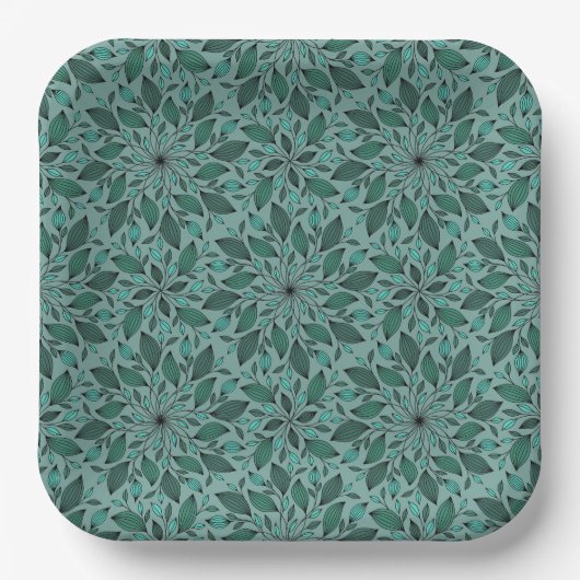 Elegantes Teal-Blumenmuster mit Blatt-Mandala Pappteller (Vorderseite)