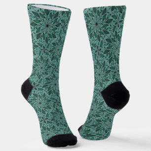 Elegantes Teal-Blumenmuster mit Blatt-Mandala Socken