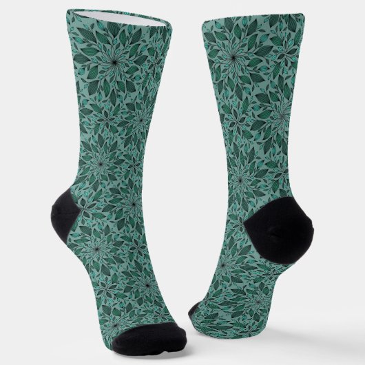 Elegantes Teal-Blumenmuster mit Blatt-Mandala Socken (Gewinkelt)